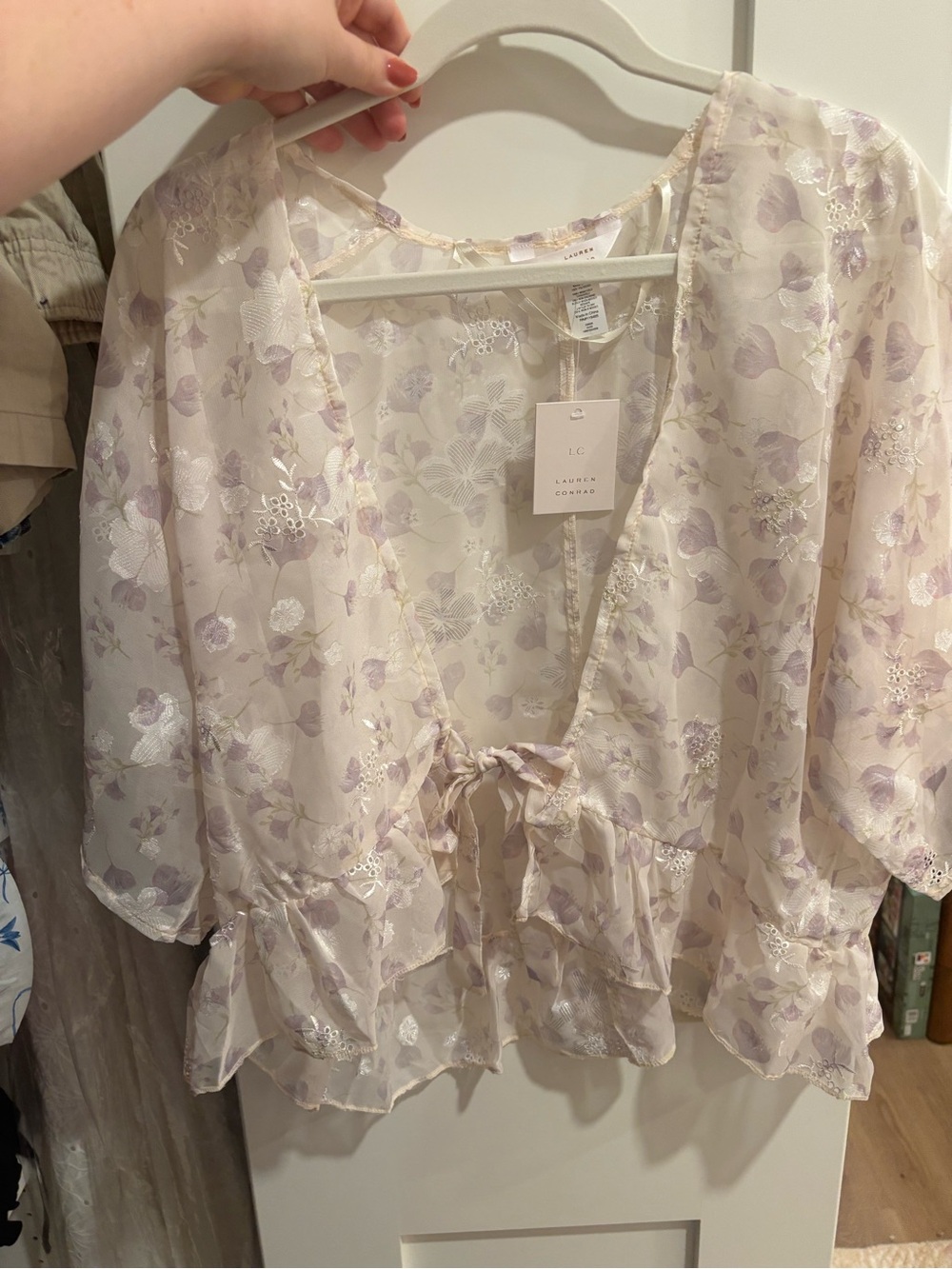 LC Lauren Conrad Pale Lavender Floral Tie-Front Blouse